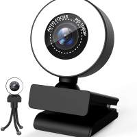 Webcam 1080P Full HD mit Mikrofon und Ringlicht, PC Web-Kamera mit automatischer Lichtkorrektur, USB 2.0 Plug & Play für Streami